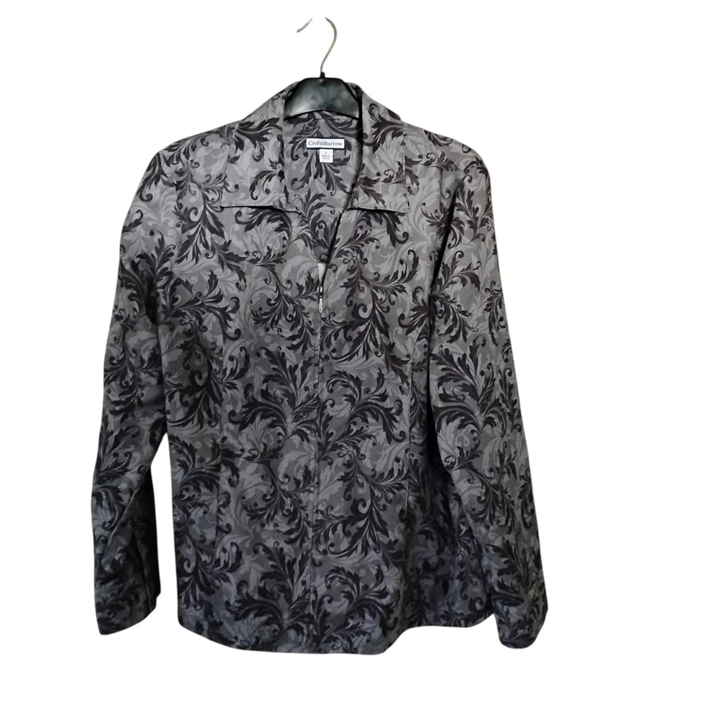 Croft & Barrow Womens Large Grey Black Damask Zip Front Long Sleeve Shirt Jacket